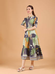 Vestido Midi con Estampado de Motivos Étnicos, Corte Ajustado y Evase, Manga Corta, Encaje Floral Digital, Chifón Transpirable, Vestido Midi Línea A para Mujer - Product Image 3