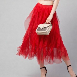 Red Tulle Maxi Skirt | Layered Mesh Ruffle Skirt | Elegant Tiered Party Wear Long Skirt for Women Red Frill Mesh Skirt - Product Image 1