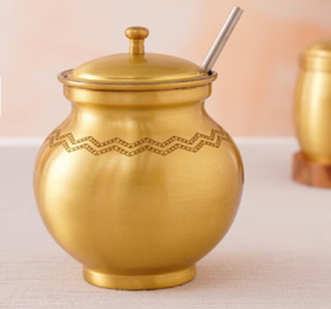 Exquisite hammered brass ghee <b>pot</b> features a glossy polished finish and a stately <b>lid</b>. Available at wholesale price. - Product Image 2