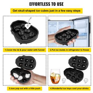 Stampo per cubetti di ghiaccio a forma di teschio, 6 scomparti, in silicone nero flessibile, per palline di ghiaccio, utilizzabile nel congelatore, con imbuto e 3 utensili per gelato - Product Image 4