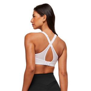 Sujetador deportivo de alto soporte para mujer con logo personalizado, blanco, de nailon y elastano, espalda cruzada, top atlético para yoga, acolchado, para gimnasio y entrenamiento. - Product Image 2