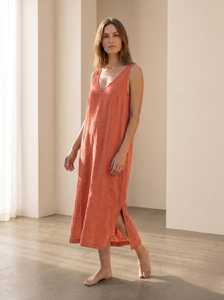 Vestido midi de lino sin mangas con cuello en V, corte holgado, color liso, dobladillo con abertura, vestido casual de verano, tela tejida transpirable - Product Image 1
