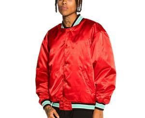 Chaqueta Varsity Roja de Satén para Hombre, Corte Regular, Cuello Alto, Cierre de Botones Cubiertos, Color Sólido, Estilo Casual, Bordado Invernal, Envío Rápido - Product Image 1