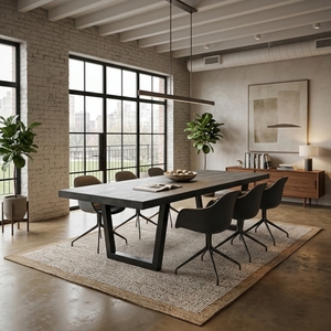 Table à manger rectangulaire en teck massif, finition noire mate, pieds en métal en U, style industriel moderne, mobilier de salle à manger, plateau en bois. - Product Image 5