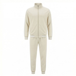 Ensemble de survêtement beige pour homme, manches longues, col montant, fermeture éclair sur le devant, couleur unie, respirant, coupe décontractée, vêtements d'automne - Product Image 1