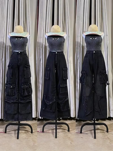 Women Mid Waist Flat Solid Denim Wide Leg Loose Fit Full Length Medium Wash Vintage Hip Hop Elastic Waist Casual Spring Pants - Product Image 3