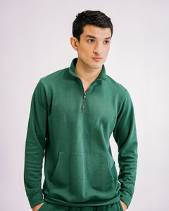 Men's Green Quarter-Zip Fleece Tracksuit Solid Color Casual Winter Wear 100% Cotton <b>Knitted</b> Full Sleeve <b>Set</b> - Product Image 2