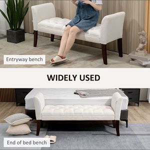 Panca da camera da letto con gambe in legno massello, imbottita in bianco crema, senza braccioli, con bottoni, per l'estremità del letto - Product Image 4