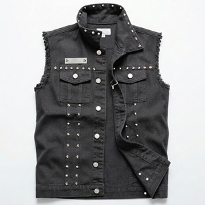 เสื้อกั๊กผ้ายีนส์ระบายอากาศได้ดีสำหรับผู้ชายเสื้อกั๊กผ้าฝ้าย100% สีทึบพิมพ์ลายกราฟิกแบบกำหนดเอง - Product Image 2
