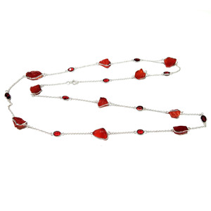 Collier Statement Bohème en Corail Rouge Naturel et Grenat, Perles en Argent Sterling 925, Pierre Brute Faite à la Main, Longue Chaîne, Bijoux Certifiés - Product Image 5