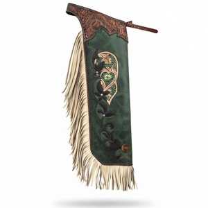 Chaps de Rodeo en Cuir Floral Faits Main avec Patch Cœur Vert Forêt et Blanc Cassé pour Cowboy et Équitation - Product Image 1