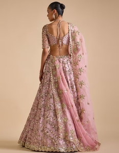 Lehenga KV de satén de seda rosa sólido con adornos, tradicional, semicosturada, reversible, sin arrugas, con blusa sin coser y dupatta. - Product Image 3