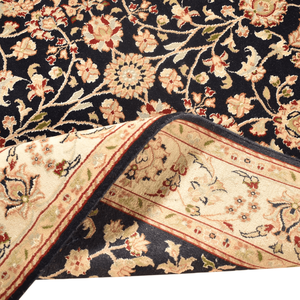 Tapis d'intérieur bleu marine à motifs floraux noué à la main, à poils ras, résistant aux taches, en laine de Nouvelle-Zélande - Product Image 2