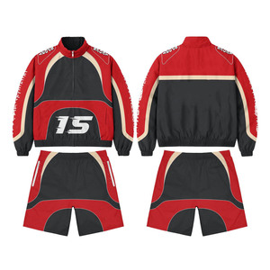 ชุดเซ็ตเสื้อแจ็คเก็ตและกางเกงขาสั้นไนลอนคุณภาพสูง 120 GSM สีดำขาวตัดต่อ พร้อมสกรีนโลโก้ตามสั่ง ไซส์พลัส - Product Image 5
