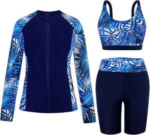 Ensemble de 3 pièces pour femmes, haut de maillot de bain à manches longues, soutien-gorge de sport, short taille haute, tenue de sport - Product Image 1