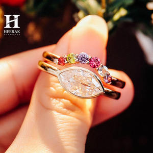 Custom 14K <b>Gold</b> Marquise Cut Moissanite Engagement <b>Ring</b> <b>Set</b> with Multi-Color Gemstone Curved Wedding Band for Women - Product Image 3