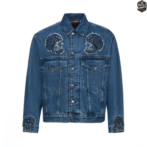 Veste en jean personnalisée pour homme, effet usé, avec patch crâne, style streetwear vintage, en denim bleu - Product Image 1