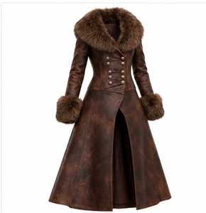 Manteau trench en cuir marron pour femme avec garniture en fourrure de renard, long, pour l'hiver - Product Image 4