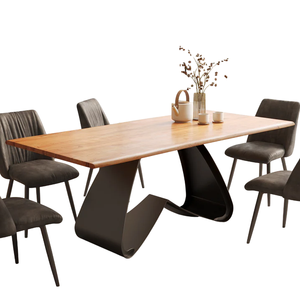 Table de salle à manger en bois d'acacia massif naturel avec plateau à bords bruts et base en métal en forme de W avec finition noire mate, idéale pour la maison, la cuisine ou le restaurant - Product Image 5