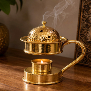 Polished brass <b>tea</b> light oil <b>diffuser</b> and dhoop incense burner stand with handle, available at wholesale prices. - Product Image 1