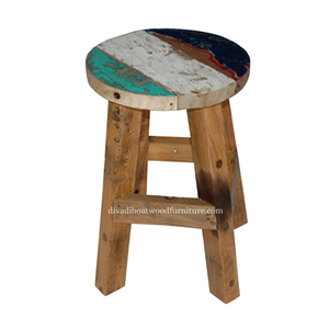 Sustainable Reclaimed Boat Wood <b>Round</b> Top <b>Stool</b> Leg with Square Wood Design Eco-Friendly Indoor Outdoor Bali Wood Furniture - Product Image 2