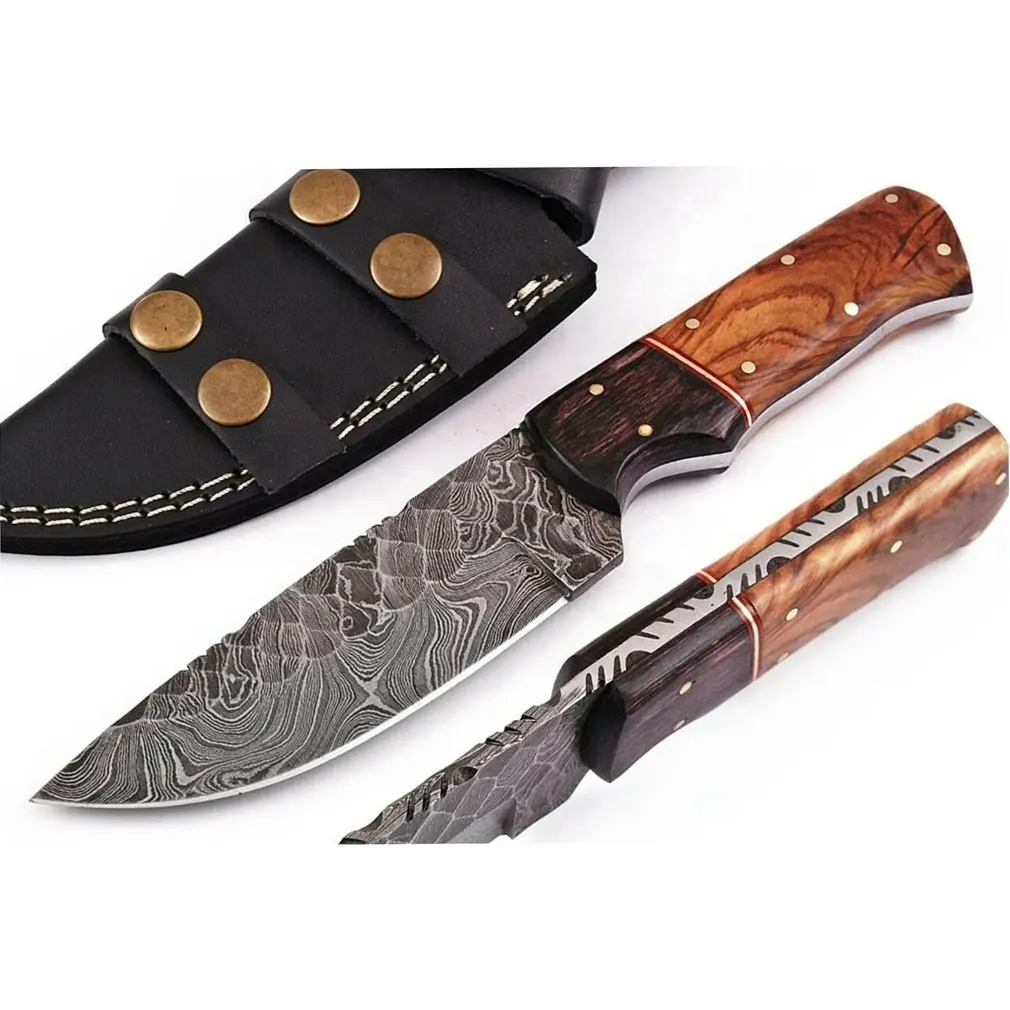 Custom Handmade Damascus Steel Fixed Blade Hunting Knife Forged Camping Skinner Knife With Olive Wood Handle