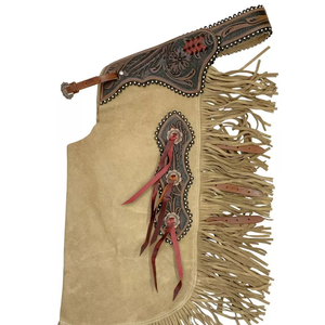 Western Cowboy Suede Leather Floral Tooled Chink <b>Chaps</b> for Adults Horse <b>Riding</b> Apparel Suede Leather <b>Chaps</b> - Product Image 2