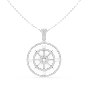 Collier pendentif boussole de luxe en or blanc 14 carats avec diamant de laboratoire, design roue nautique en or blanc - Product Image 1