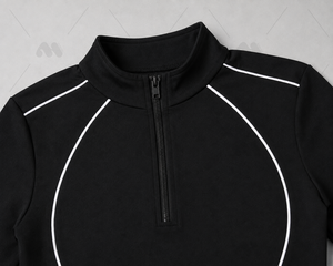 Ensemble de yoga 2 pièces pour femme, noir uni, haut court à manches longues avec quart de zip, short taille haute, bordure contrastante, sans couture, respirant - Product Image 5