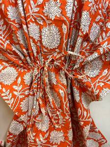 Women Orange Floral Print Cotton Maxi <b>Kaftan</b> Dress | Handmade Batwing Sleeve Eco-Friendly <b>Beach</b> Cover-Up Boho Resort Wear Free - Product Image 4