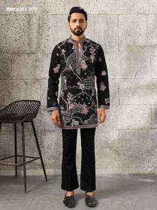 Ensemble Kurta-Pant pour homme de qualité supérieure, style japonais, avec broderies multi-fils et sequins, col en V, coupe courte, achat en ligne en Inde - Product Image 5