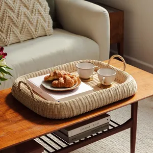 Artisanal Rounded Edge Woven Rectangular Rattan Tray Handmade Storage Basket Featuring Thick <b>Border</b> For Coffee Table <b>Display</b> - Product Image 4