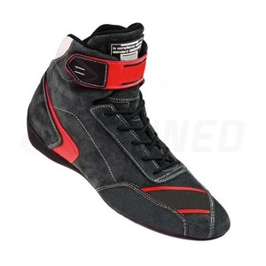 Botas de moto para carreras, caña alta, de cuero/tela Nomex, con cierre de velcro, rojas y negras, puntera cerrada, suela de goma, entresuela de EVA, impermeables, para todo tipo de clima. - Product Image 1