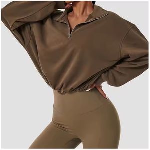 Women's Mustard Yellow <b>Cropped</b> Hoodie Full Sleeve Zipper <b>Up</b> Hooded Sweatshirt Autumn Wear Solid Color Knitted Fabric - Product Image 2
