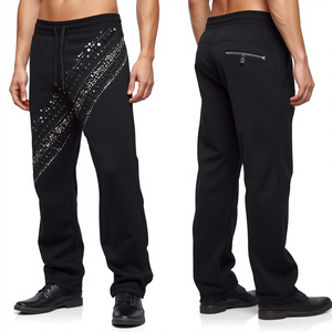 Pantalon droit pour homme de qualité supérieure avec strass, orné de cristaux luxueux, en coton épais et au design moderne - Product Image 1