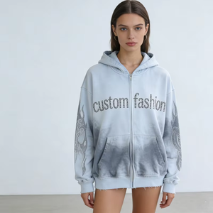 Women's Washed Gradient Zip up Hoodies Custom Personalized Rhinestone Embellishment Raw Hem Front Pocket Streetwear Y2K Hoodies - Product Image 3