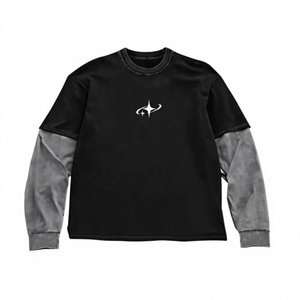Camiseta de Manga Larga para Hombre, Personalizada, de Algodón, Estilo Vintage, Lavado Ácido, Gris, con Contraste, Doble Capa, Talla Grande, Corte Regular - Product Image 1