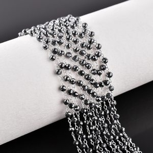 Natural Hematite Faceted Round <b>Beads</b> Rosary Chain With 925 Sterling <b>Silver</b> Wire Wrapped Links 3mm Handmade Jewelry Making Chain - Product Image 1