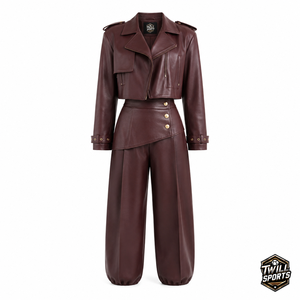 Ensemble de survêtement en cuir PU marron pour femme Twill Sports, manches longues, fermeture éclair sur le devant, coupe ample élégante pour l'automne - Product Image 1