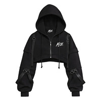 Hoodie Wanita Crop Zip Up Detail Tali Streetwear Katun Fleece Oversized untuk Wanita Techwear 100% Katun OEM