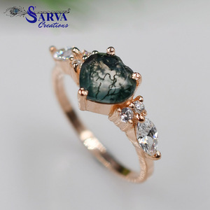 Natural <b>Moss</b> <b>Agate</b> Heart Shape Bezel Setting 925 Sterling Silver Gold Plated Gemstone <b>Ring</b> Moissanite Accents Romantic - Product Image 4