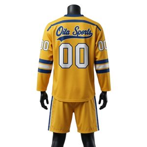 Conjunto de Camiseta y Pantalones Cortos de Hockey sobre Hielo Sublimados en Amarillo para Hombre, Cuello en V, Poliéster, Uniforme Deportivo Estampado, Ropa de Equipo para Entrenamiento y Partidos - Product Image 2