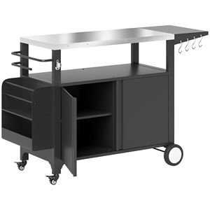 Tavolo Forno Pizza Mobile con Piano in Acciaio Inossidabile, Carrello Grill da Esterno con Tavolino Laterale Pieghevole e Ruote per Barbecue da Campeggio - Product Image 1