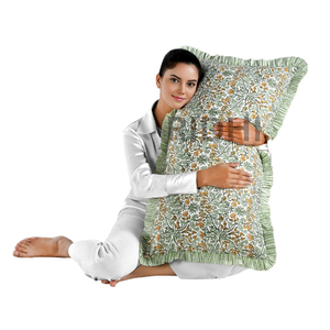 Goldenrod Yellow 20x36 Western Floral Ruffle Lumbar Pillow Cover Set Hand <b>Block</b> Print Cotton Customizable Zipper Closure Decor - Product Image 1