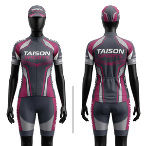 Ensemble de survêtement de cyclisme pour femmes, tissu polyester premium 200 GSM, respirant, gris avec empiècements roses, logo personnalisé par sublimation - Product Image 1