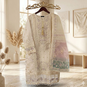 Conjunto de Traje para Mujer para el Festival Eid, Lujoso, con Bordado en Organza, Formal, de 3 Piezas, para Fiestas y Bodas, Producto en Demanda - Product Image 1
