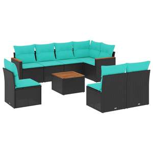 Juego de sofás de jardín de ratán sintético negro de 9 piezas con cojines, muebles de exterior de estilo contemporáneo - Product Image 2