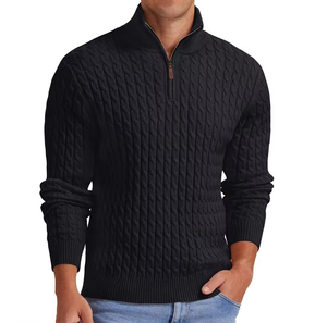 Pull en laine noir tricoté pour homme Harry Johnson Production, col zippé 1/4, couleur unie, épais, pour l'hiver, manches classiques, 2026 - Product Image 1