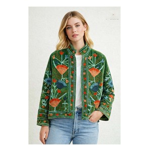 Handmade Suzani Embroidered Breathable Cotton Velvet Quilted Reversible Eco-Friendly Vintage Ethnic Women's Jacket - Product Image 2