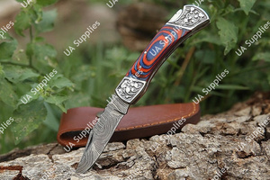 Couteau de poche pliant à lame pointue en acier Damas, manche en bois Pakka gravé à la main, ultra-affûté, mini EDC, ODM, OEM - Product Image 4